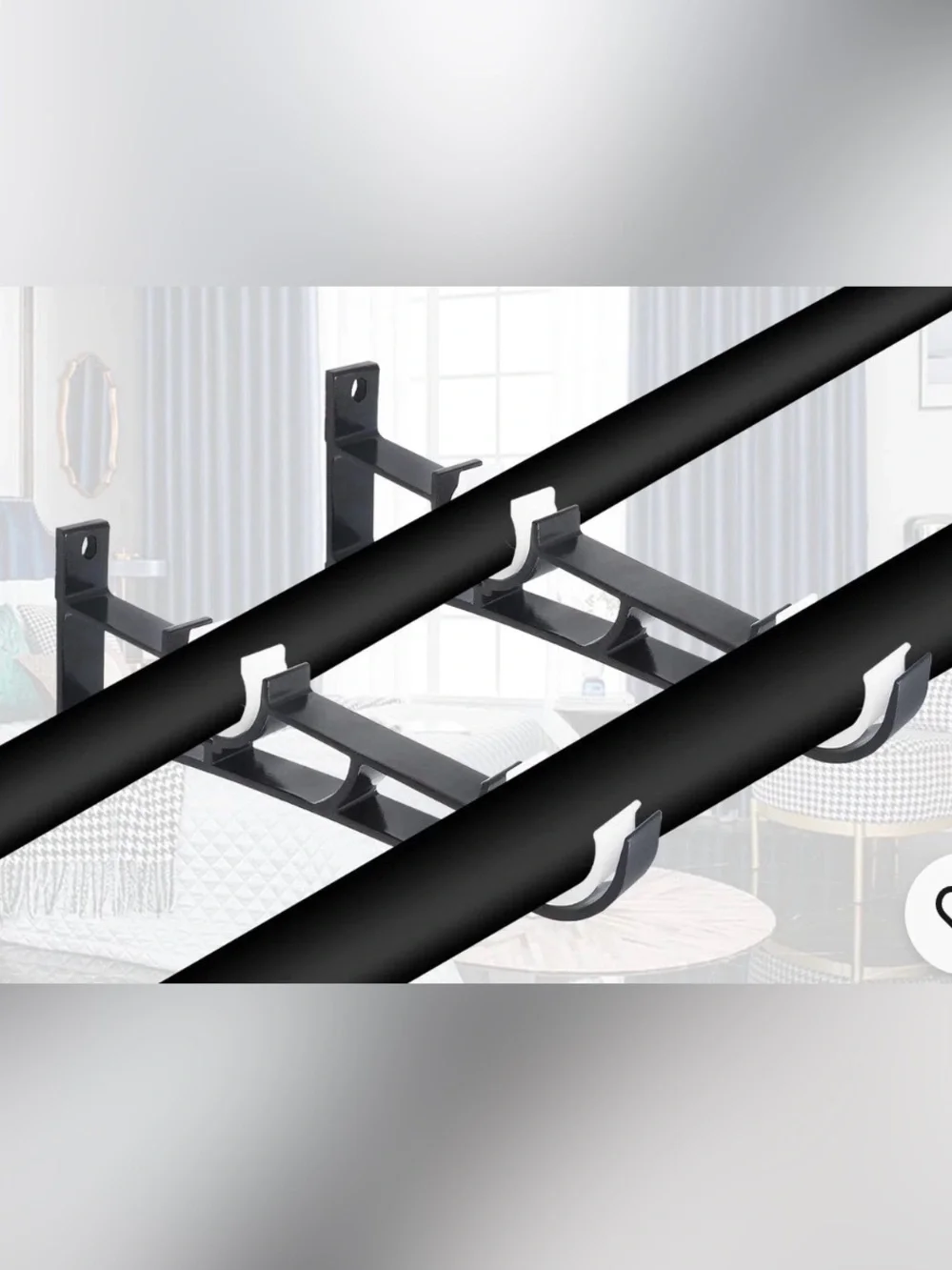 Black Double Rod Wall Bracket Set with White Clip Holders